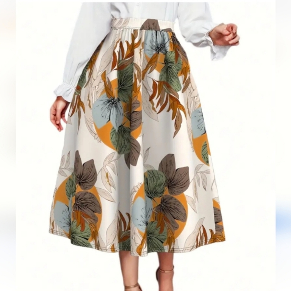 Floral Print Midi Skirt in Cream and Mustard
